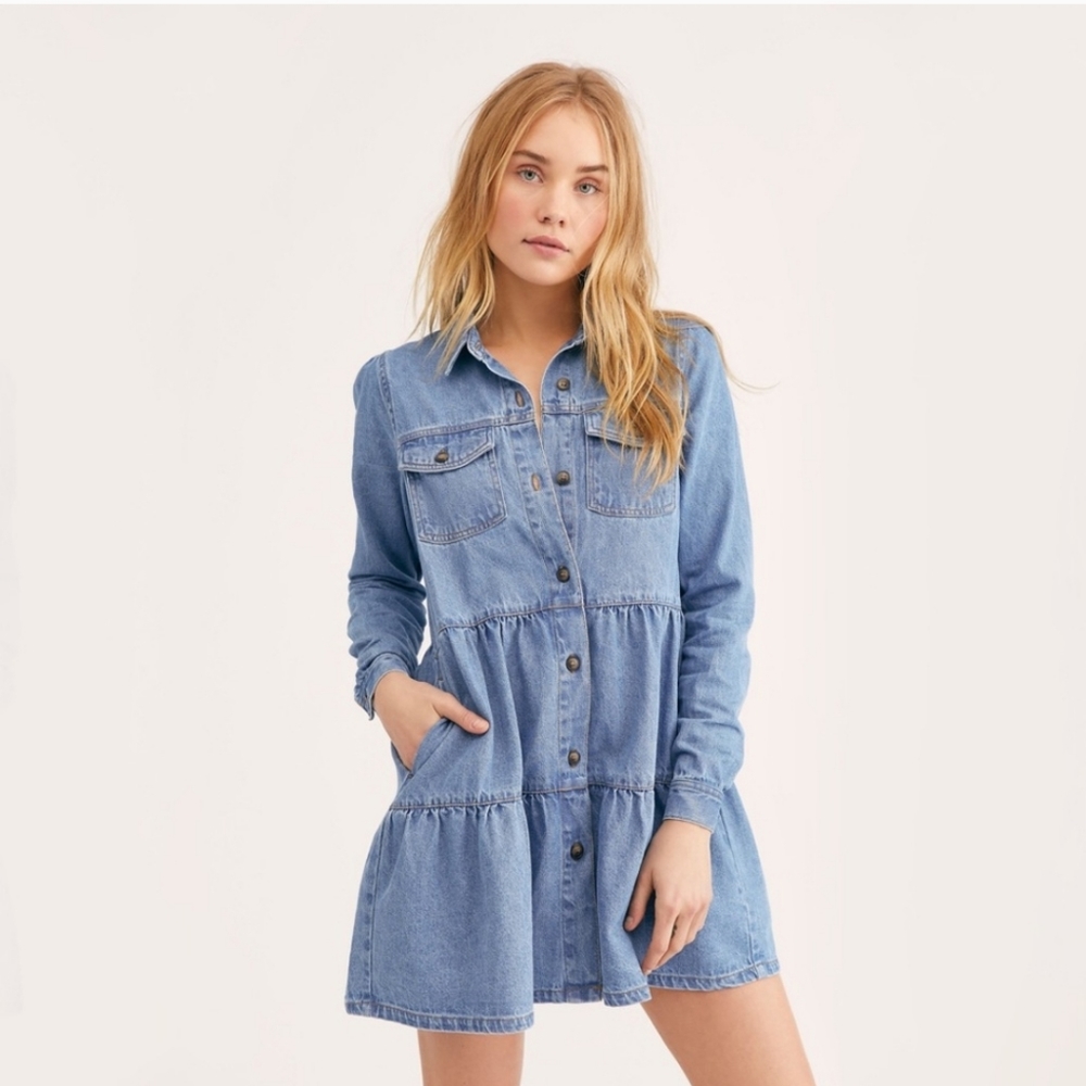 Free People, Nicole Denim Tiered Babydoll Tunic Dress, Small